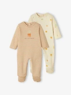 Pack Of 2 Sleepsuits In Interlock Fabric For Baby Boys - Ecru