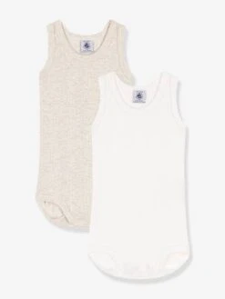 Pack Of 2 Sleeveless Bodysuits In 100% Organic Cotton, By PETIT BATEAU - White