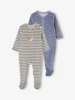 Pack Of 2 "Whales" Sleepsuits In Velour For Baby Boys - Blue Medium Two Color/multicol