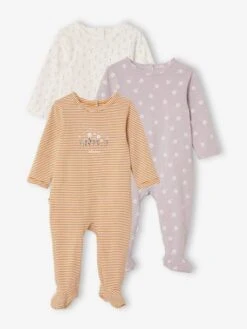 Pack Of 3 Cotton Sleepsuits For Babies - White Light Two Color/multicol