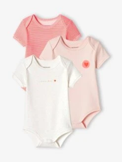 Pack Of 3 "Heart" Bodysuits With Cutaway Shoulders For Babies - Ecru