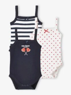 Pack Of 3 Hearts Bodysuits, Thin Straps, For Babies - Blue Dark Two Color/multicol