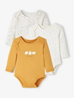 Pack Of 3 Long Sleeve "Sheep" Bodysuits With Cutaway Shoulders, For Babies - Beige Medium Two Colors/multic