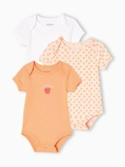 Pack Of 3 Short Sleeve Bodysuits, Cutaway Shoulders, For Babies - Rosy Apricot