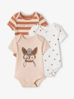 Pack Of 3 Short Sleeve "Fox" Bodysuits For Babies - Rose Beige