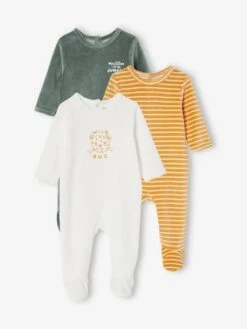 Pack Of 3 Velour Sleepsuits With Front Opening For Babies - Beige Medium Two Colors/multic