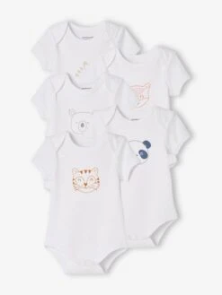 Pack Of 5 «Animals» Bodysuits, Short Sleeves, Full-Length Opening, For Babies - White Light Two Color/multicol