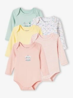 Pack Of 5 Long Sleeve Bodysuits With Cutaway Shoulders, For Babies - Pink Light 2 Color/multicol R