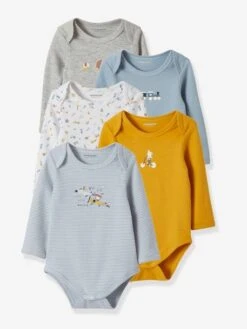 Pack Of 5 Long-Sleeved Bodysuits For Babies, Travelling Animals - Blue/multi
