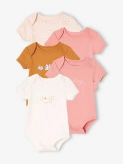 Pack Of 5 Short Sleeve Bodysuits, Daisies, For Babies - Pale Pink