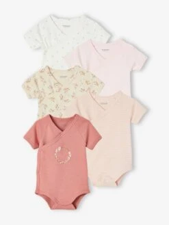 Pack Of 5 Short Sleeve Bodysuits For Newborn Babies - Pale Pink