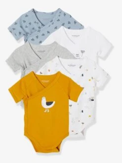 Pack Of 5 Short Sleeve Bodysuits, Seagull, Front Opening, For Newborn Babies - Dark Yellow