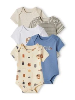 Pack Of 5 Short Sleeve "Elephant" Bodysuits For Babies - Ecru