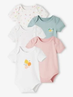 Pack Of 5 Short Sleeve "Fruits" Bodysuits For Babies - White Light Two Color/multicol
