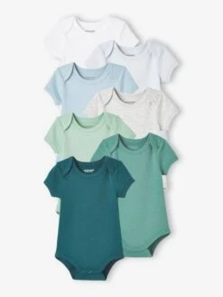 Pack Of 7 Short Sleeve Bodysuits, Full-Length Opening, For Babies - Blue Medium Two Color/multicol