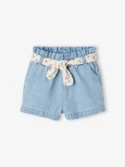Paperbag Shorts With Belt For Babies - Blue Light Wasched