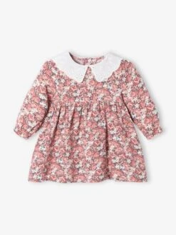 Romantic Dress With Broderie Anglaise Collar, For Babies - Printed Pink