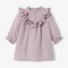 Ruffled Dress In Marl Twill, For Babies - Purple Medium Solid