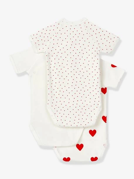 Set Of 3 Short Sleeve Wrapover Bodysuits With Hearts In Organic Cotton For Newborn Babies, By Petit Bateau - White Light Two Color/multicol 4 Set Of 3 Short Sleeve Wrapover Bodysuits With Hearts In Organic Cotton For Newborn Babies, By Petit Bateau - White Light Two Color/multicol - Image 2