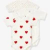 Set Of 3 Short Sleeve Wrapover Bodysuits With Hearts In Organic Cotton For Newborn Babies, By Petit Bateau - White Light Two Color/multicol -PETIT BATEAU Sales Store set of 3 short sleeve wrapover bodysuits with hearts in organic cotton for newborn babies by petit bateau