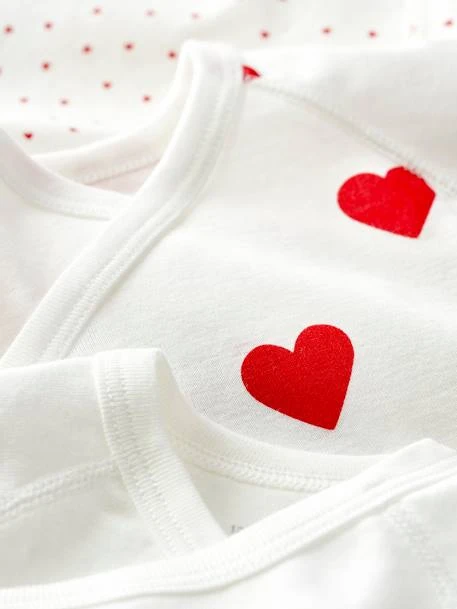 Set Of 3 Short Sleeve Wrapover Bodysuits With Hearts In Organic Cotton For Newborn Babies, By Petit Bateau - White Light Two Color/multicol 5 Set Of 3 Short Sleeve Wrapover Bodysuits With Hearts In Organic Cotton For Newborn Babies, By Petit Bateau - White Light Two Color/multicol - Image 3