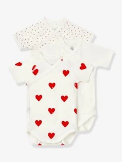 Set Of 3 Short Sleeve Wrapover Bodysuits With Hearts In Organic Cotton For Newborn Babies, By Petit Bateau - White Light Two Color/multicol