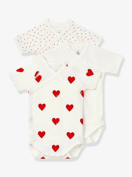 Set Of 3 Short Sleeve Wrapover Bodysuits With Hearts In Organic Cotton For Newborn Babies, By Petit Bateau - White Light Two Color/multicol 3 Set Of 3 Short Sleeve Wrapover Bodysuits With Hearts In Organic Cotton For Newborn Babies, By Petit Bateau - White Light Two Color/multicol
