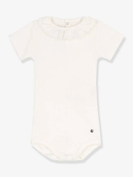 Short Sleeve Bodysuit With Frilled Collar In Organic Cotton, By PETIT BATEAU - White 3 Short Sleeve Bodysuit With Frilled Collar In Organic Cotton, By PETIT BATEAU - White