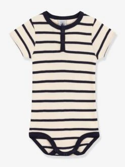 Short Sleeve Bodysuit With Grandad-Style Collar In Organic Cotton, By PETIT BATEAU - Beige