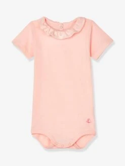 Short Sleeve Cotton Bodysuit With Peter Pan Collar, For Babies, By Petit Bateau - Pink Medium Solid