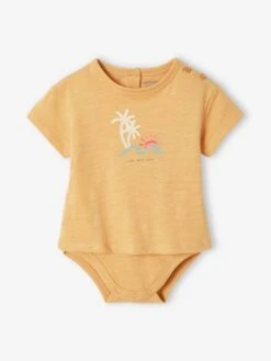 Short Sleeve Palm Tree Bodysuit Top For Babies - Pale Yellow