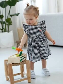 Sleeveless Gingham Dress, For Babies - Grey Green