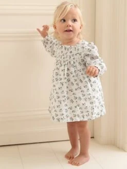 Smocked Dress With Flowers, For Babies - White