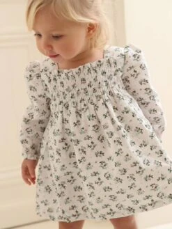 Smocked Dress With Flowers, For Babies - White -PETIT BATEAU Sales Store smocked dress with flowers for babies 8