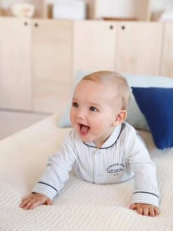 Striped Cotton Sleepsuit With Front Fastening For Baby Boys - Blue Medium Striped