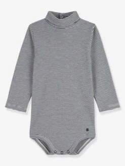 Striped Long Sleeve Bodysuit With Polo Neck, Organic Cotton, By PETIT BATEAU - Grey
