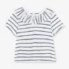 Striped Short Sleeve Blouse In Jersey Knit For Babies, By PETIT BATEAU - White Medium Striped