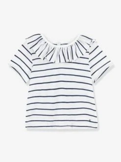 Striped Short Sleeve Blouse In Jersey Knit For Babies, By PETIT BATEAU - White Medium Striped