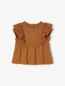 T-Shirt With Ruffles In Broderie Anglaise For Babies - Caramel
