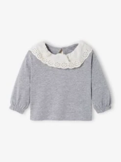 Top With Broderie Anglaise On The Collar, For Babies - Marl Grey