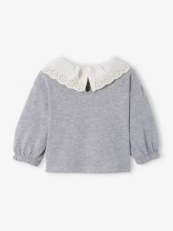 Top With Broderie Anglaise On The Collar, For Babies - Marl Grey 9 Top With Broderie Anglaise On The Collar, For Babies - Marl Grey -PETIT BATEAU Sales Store top with broderie anglaise on the collar for babies 3