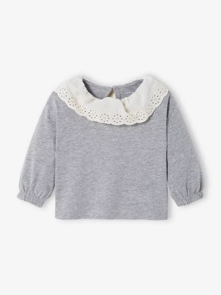 Top With Broderie Anglaise On The Collar, For Babies - Marl Grey 3 Top With Broderie Anglaise On The Collar, For Babies - Marl Grey