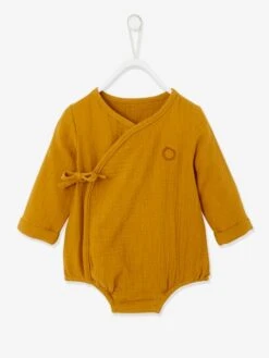 Unisex Bodysuit In Cotton Gauze For Newborn Babies - Brown