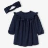 Velour Dress With Ruffle & Matching Headband For Babies - Blue Dark All Over Printed 2 Velour Dress With Ruffle & Matching Headband For Babies - Blue Dark All Over Printed -PETIT BATEAU Sales Store velour dress with ruffle matching headband for babies