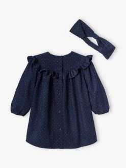 Velour Dress With Ruffle & Matching Headband For Babies - Blue Dark All Over Printed -PETIT BATEAU Sales Store velour dress with ruffle matching headband for babies 2