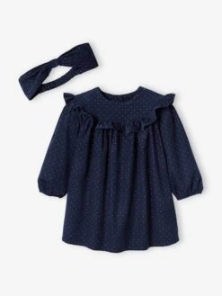 Velour Dress With Ruffle & Matching Headband For Babies - Blue Dark All Over Printed