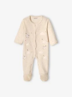 Velour Sleepsuit With Front Opening, For Babies - Marl Beige