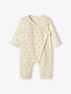 Wrap-Over Sleepsuit In Cotton Gauze, Special Opening For Newborn Babies - Ecru