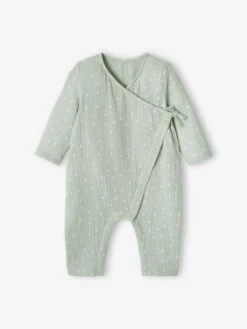 Wrap-Over Sleepsuit In Cotton Gauze, Special Opening For Newborn Babies - Aqua Green
